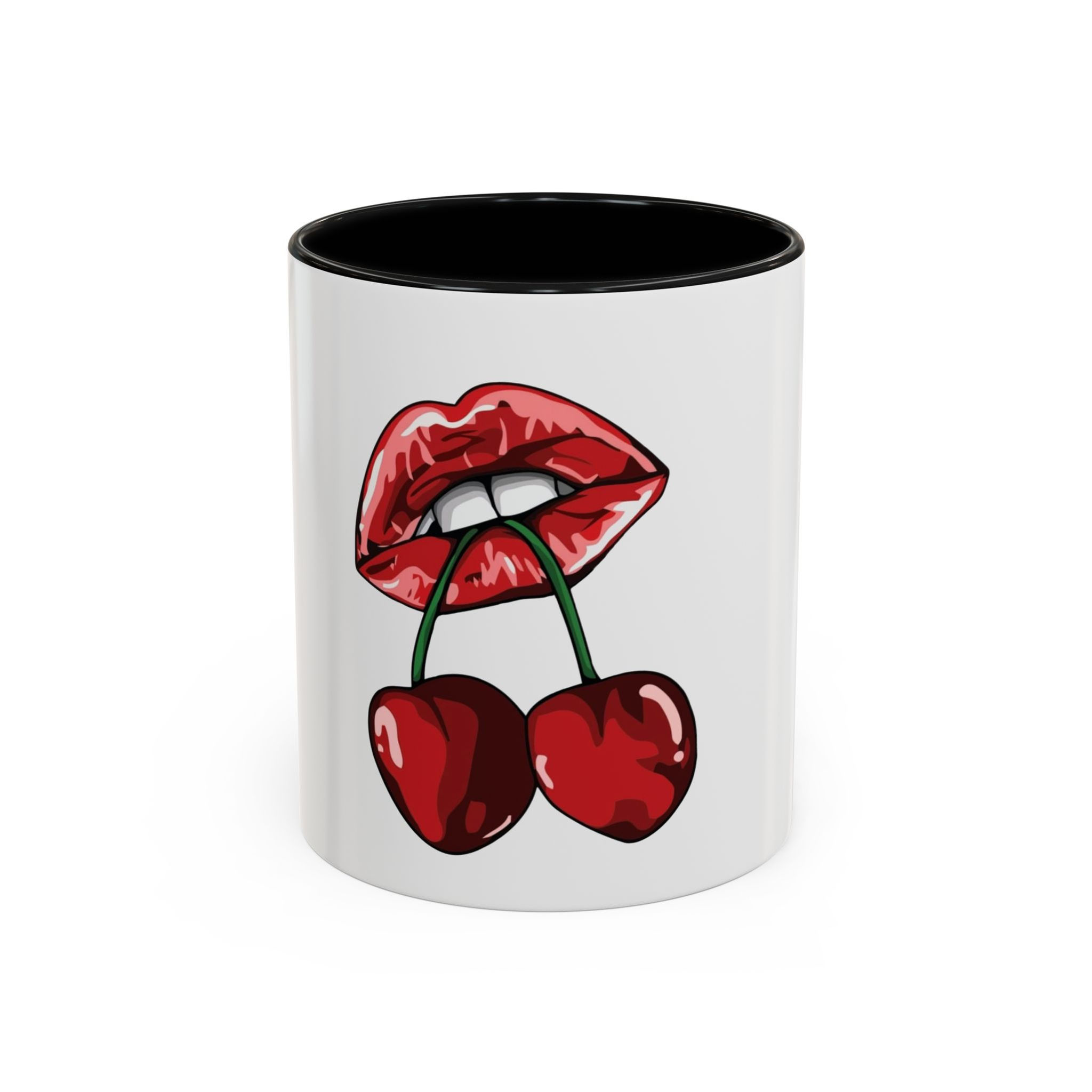 Glossy white mug with colored interior and red lips holding two cherries print.