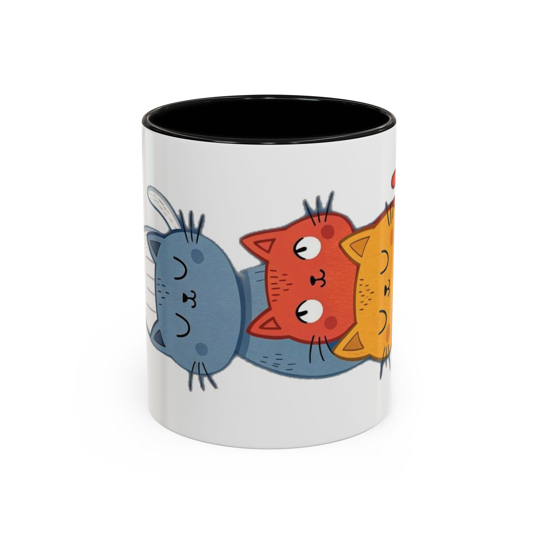 Glossy ceramic mug with colorful cartoon cats and matching handle and interior.