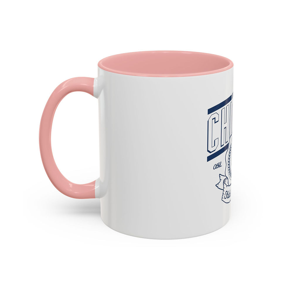 Thumbnail: Ceramic mug with vintage Chicago crest, white exterior, and black interior and handle.