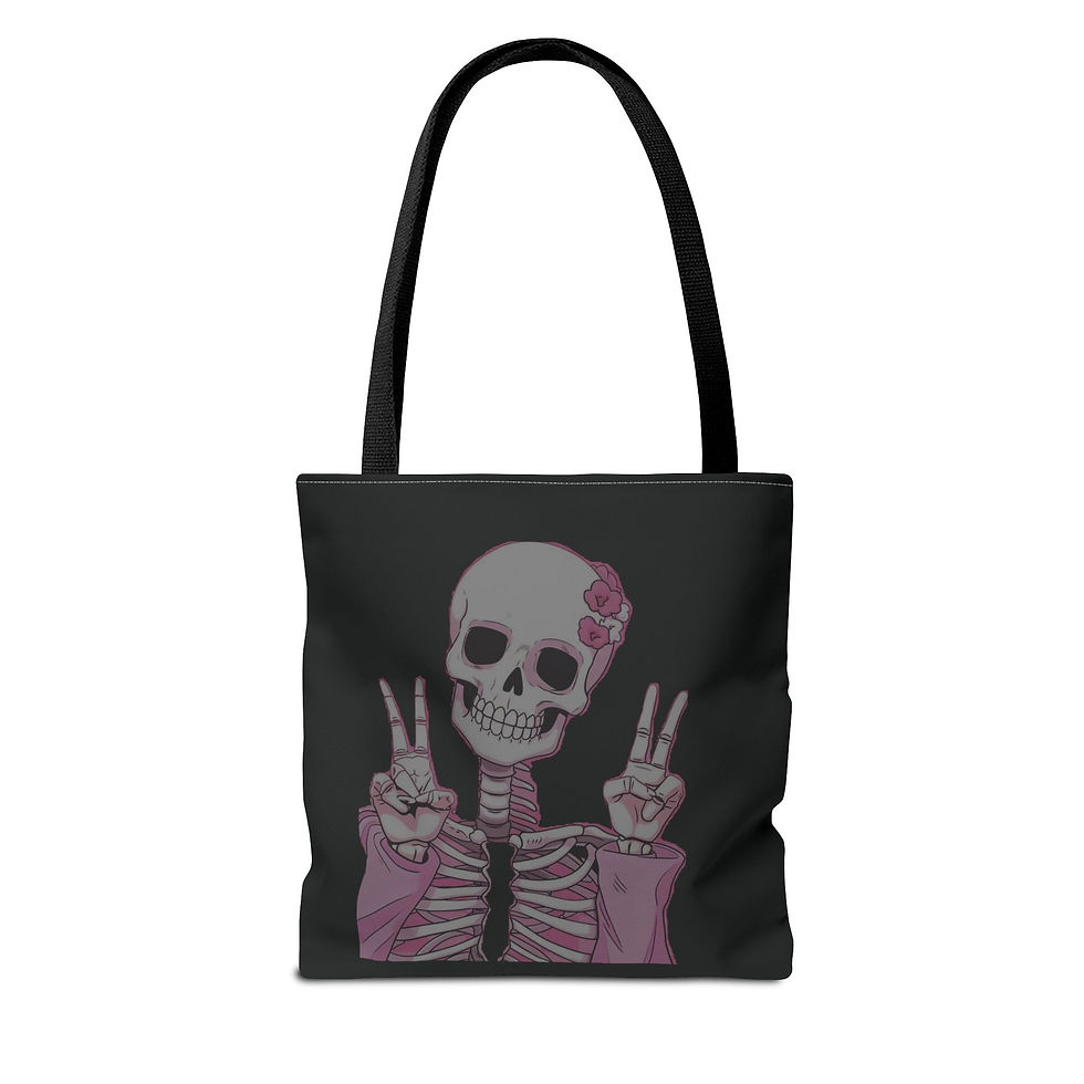 Roomy polyester tote with smiling skeleton graphic, peace signs, and playful edgy design.