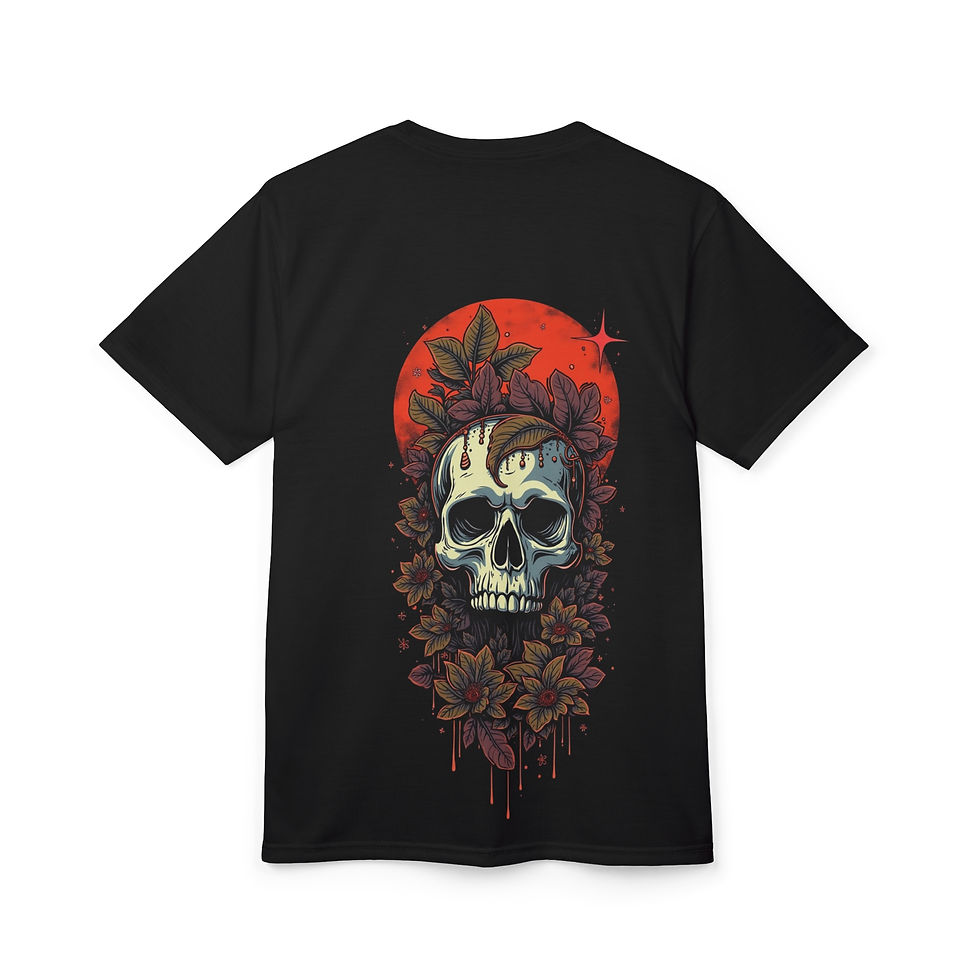 Thumbnail: Bold tee with skull-and-floral illustration and red halo background.
