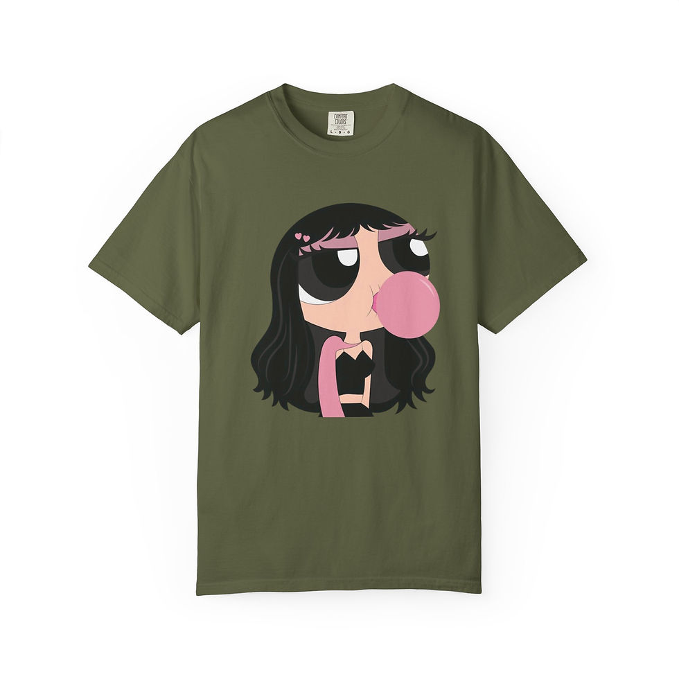 Thumbnail: Garment-dyed cotton tee with cartoon girl blowing pink bubblegum illustration.