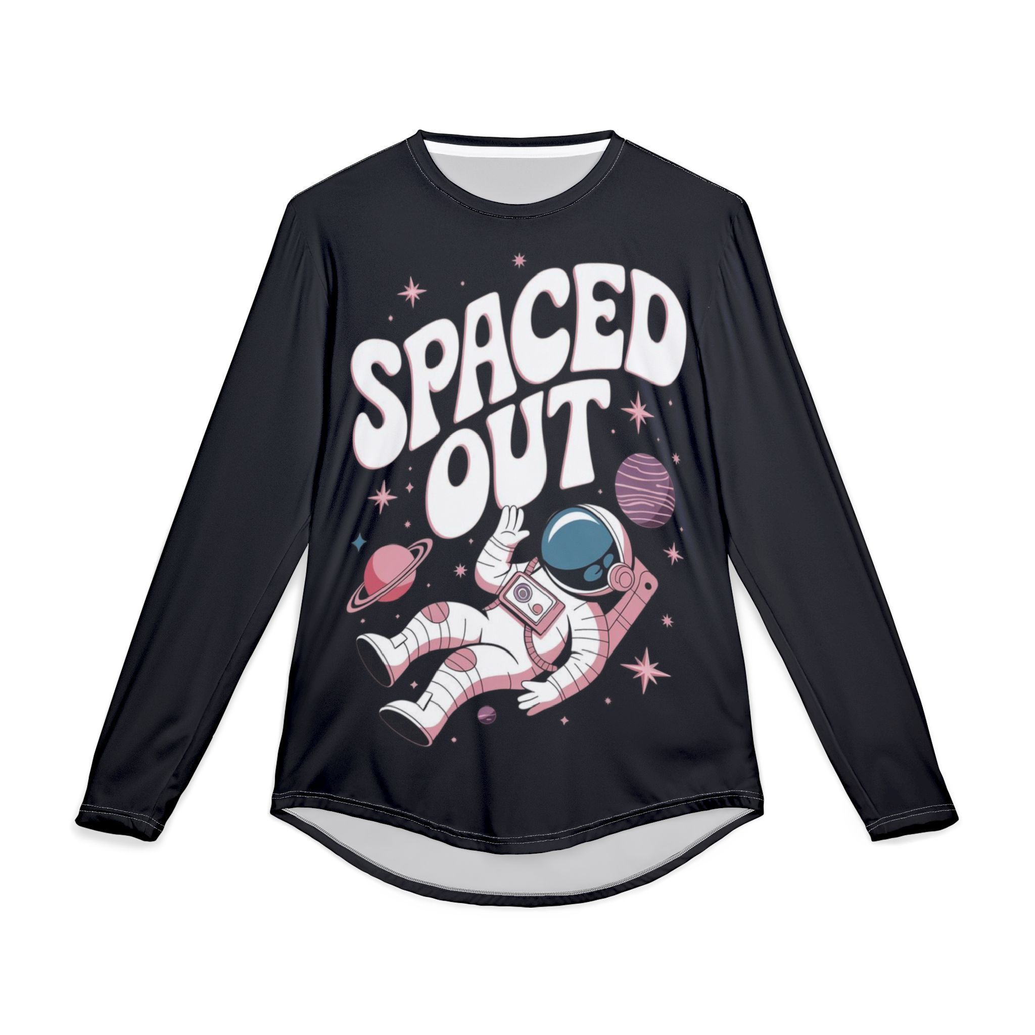 Lightweight long-sleeve with ‘Spaced Out’ astronaut graphic, breathable and stretchy for outdoor adventures.