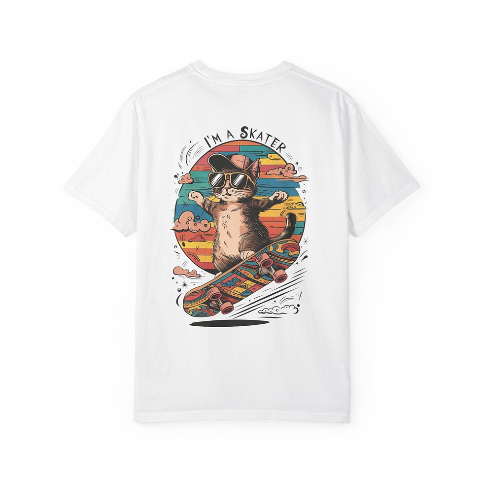 Relaxed heavyweight tee with retro cat skateboarding on sunset stripes and ‘Paws on Board’ text with paw print.