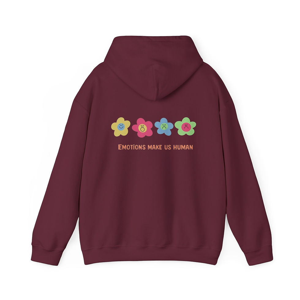 Thumbnail: Roomy black hoodie with colorful flower icons and “Emotions Make Us Human” message.