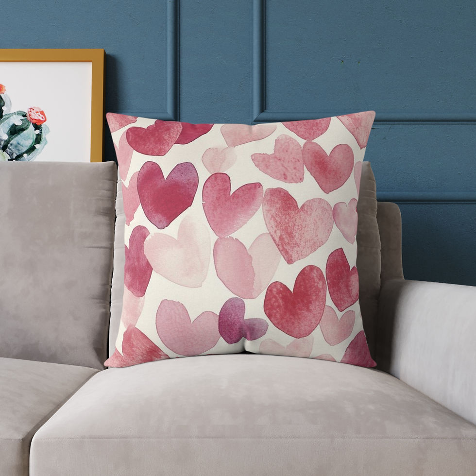 Thumbnail: Soft watercolor hearts float across a square poly canvas pillow.