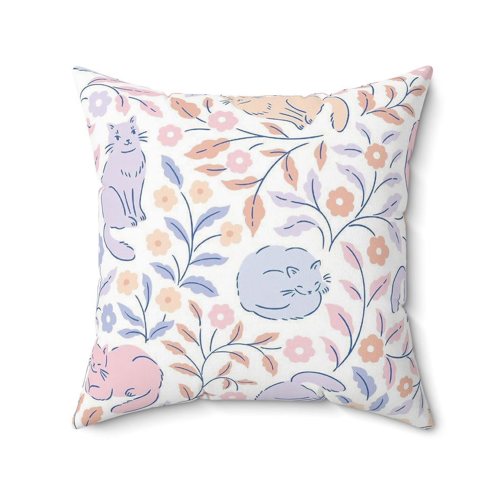 Thumbnail: Square pillow with floral vines and curled-up cats in muted pastel tones.