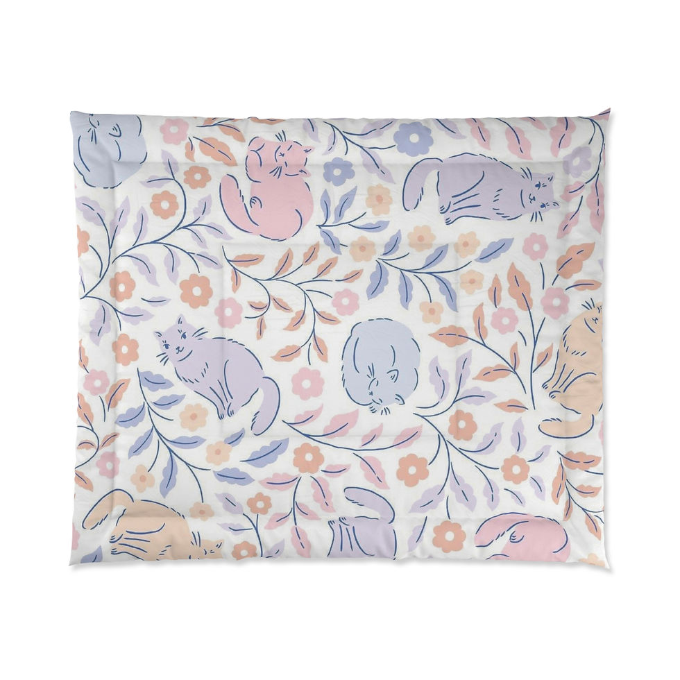 Thumbnail: Soft comforter with curled-up cats and pastel floral pattern.