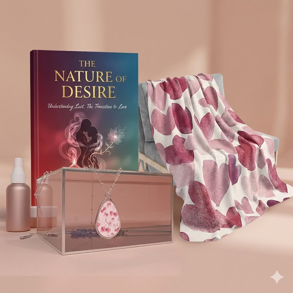Bundle with *The Nature of Desire* eBook, a soft Sherpa fleece throw, and a cherry floral oval pendant necklace.