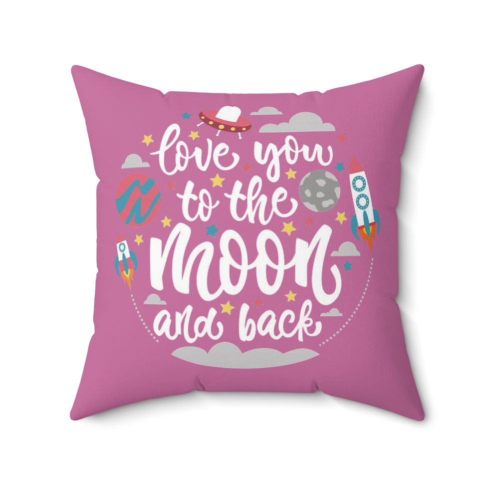 Thumbnail: Double-sided print with “love you to the moon and back,” rockets, stars, clouds, and a smiling moon on a pink background.