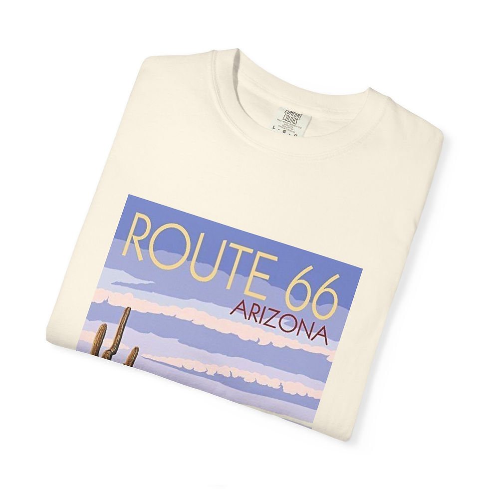 Thumbnail: Heavyweight tee with faded Route 66 graphic, Arizona cacti, and vintage car.