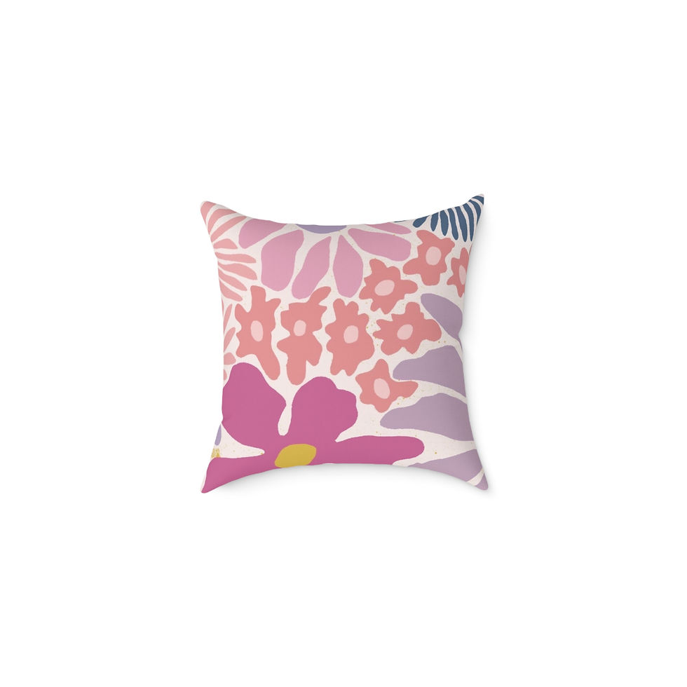 Square poly canvas pillow with pink and lavender floral print and hidden zipper.