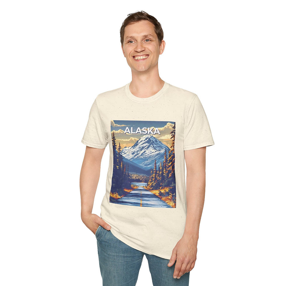 Thumbnail: Lightweight tee with vintage-style Alaska landscape in warm sunset tones.