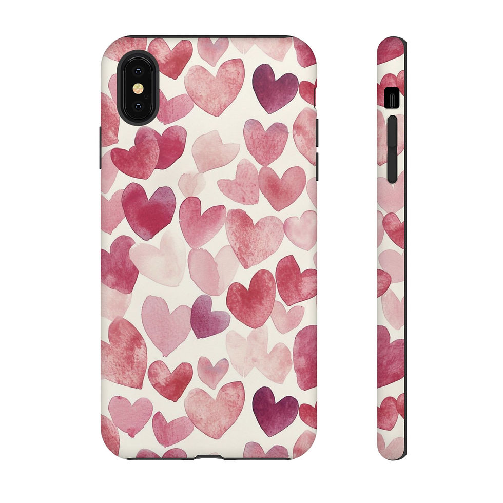 Thumbnail: Slim phone case with soft watercolor heart design in rose, blush, and berry tones on a cream background.