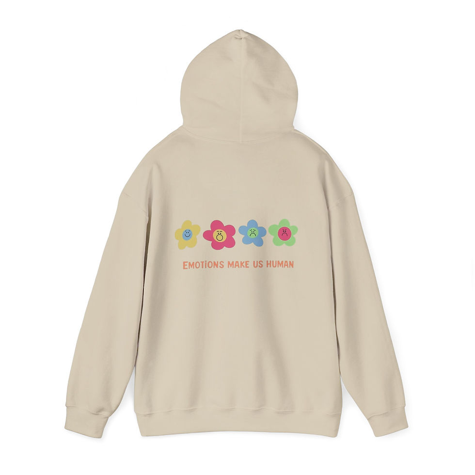 Thumbnail: Roomy black hoodie with colorful flower icons and “Emotions Make Us Human” message.