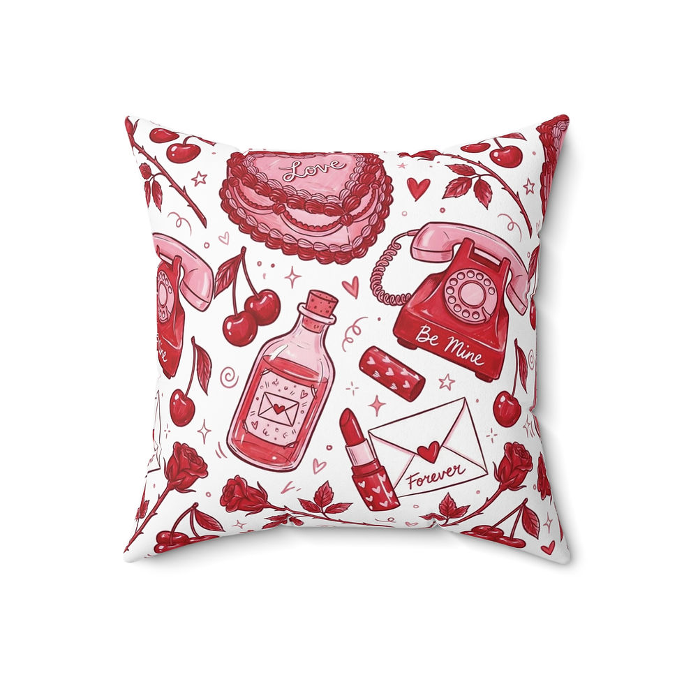 Thumbnail: Vintage rotary phones, love letters, cherries, and heart-shaped treats repeat across both sides in warm reds and blush tones.