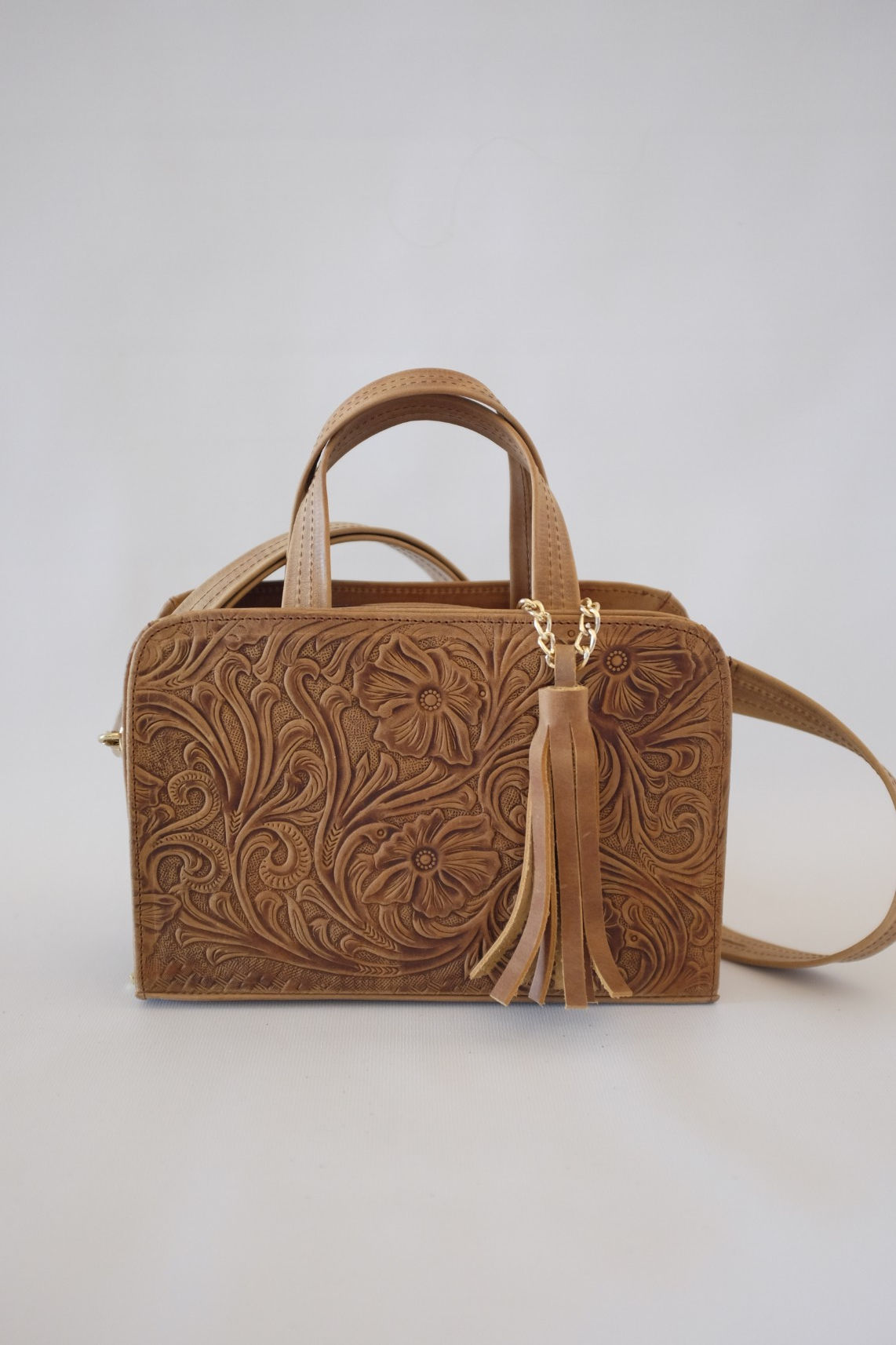 Tooled Leather Mini Satchel with Tassel