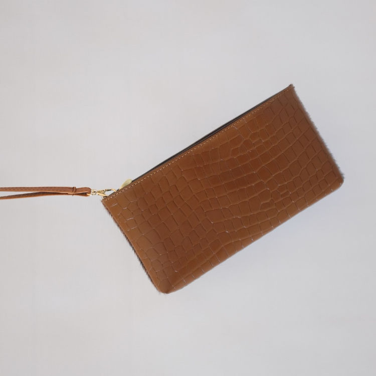 Thumbnail: Cowhide and Croc-Embossed Leather Wristlet Clutch