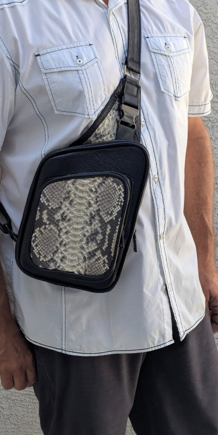 Thumbnail: Handmade Authentic Exotic Python Leather Sling Bag — Black & White