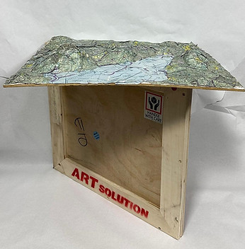 Piloting charts, collage, paper art, found object, plywood panel, model magic, blue, green