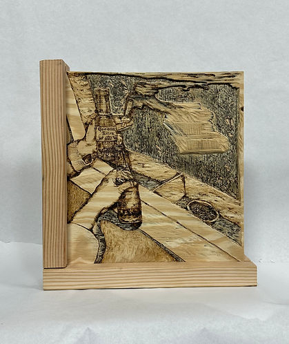 Plywood carving of two hands holding beer bottles in a cheers pose, there's a cigarette and an open window