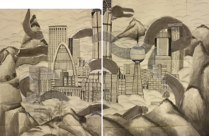 Scroll, chinese traditional ink painting, ball point pen, illustration, tradition versus modernity, tracing paper