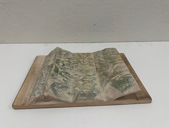 Map carved out of wood, showing the details in the ink transfer and carving surface with wrinkles