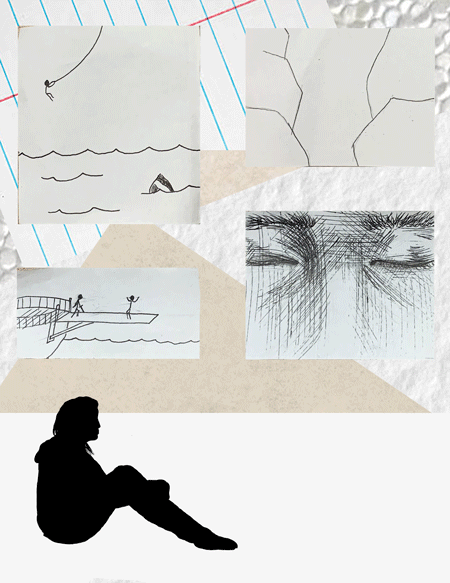 animated figure walking through a cyclical dreamscape, traditional pen drawing, digital drawing, collage, composite, textural