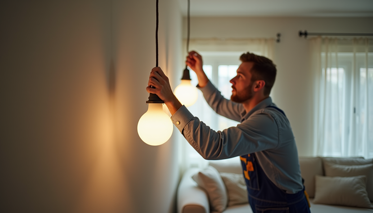 Close-up view of a handyman installing a new light fixture in a living room
