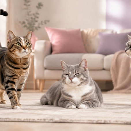 Three cats demonstrating confident, relaxed, and cautious feline body language in a calm home.