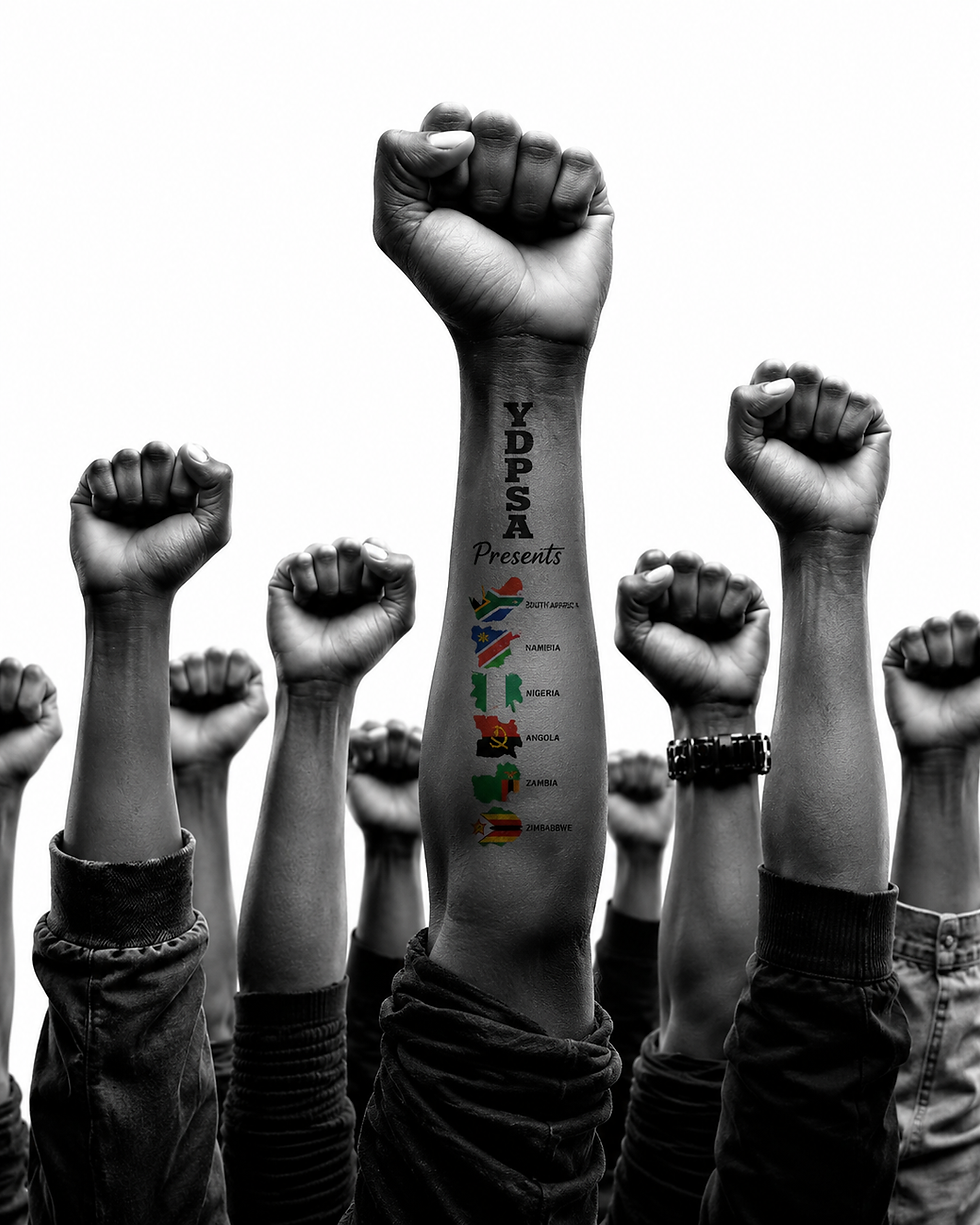 Raised fists of diverse people against a white background, central arm marked YDPSA Presents with African flags and country names