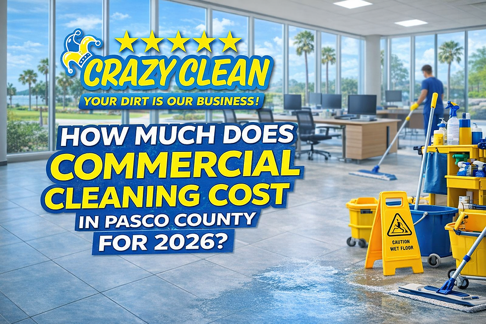 Professional commercial cleaning service in Pasco County, Florida with Crazy Clean Homes logo, showing a cleaner disinfecting an office workspace to highlight affordable commercial cleaning services for businesses in 2026.