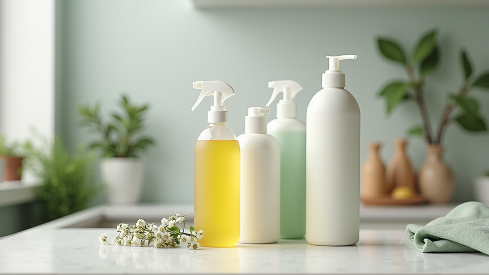 Close-up view of eco-friendly cleaning products arranged on a countertop