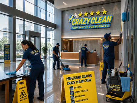 The Crazy Clean Crew diligently polishes the gleaming lobby of a commercial building, ensuring a spotless environment under the bold "Crazy Clean" sign.