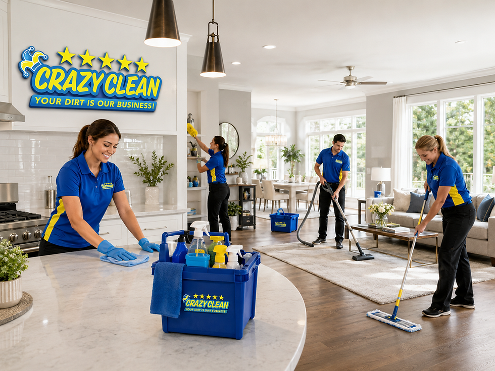 The Crazy Clean Crew diligently tidies up a pristine living space, showcasing their expert cleaning services.