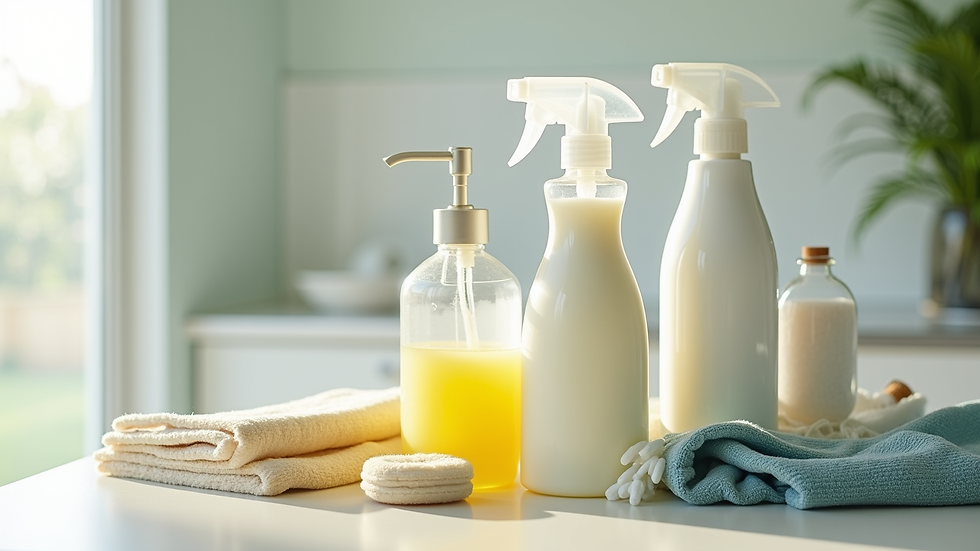 Close-up view of eco-friendly cleaning products arranged neatly on a countertop