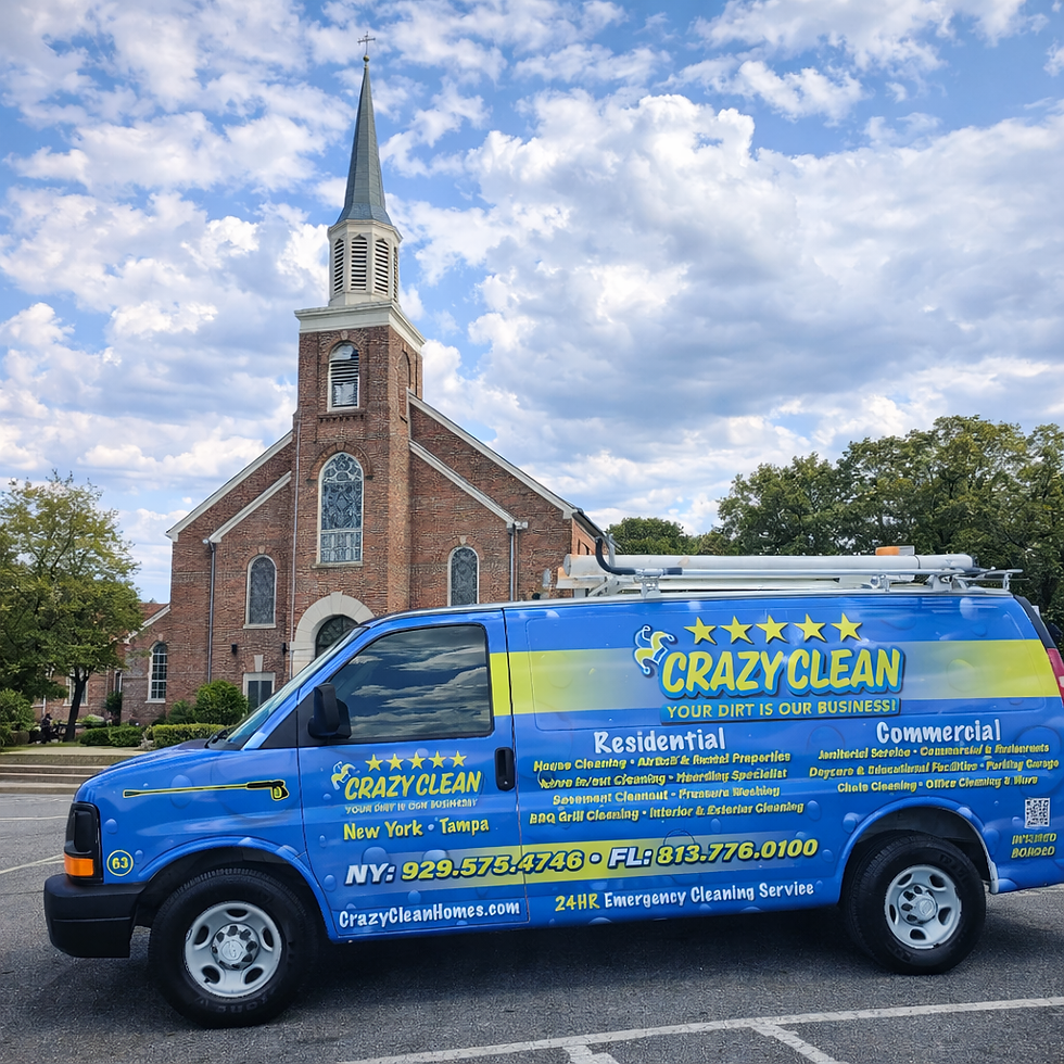 Blue "Crazy Clean" cleaning van parked in front of a brick church. Sky is partly cloudy. Bright colors and many service details on the van.