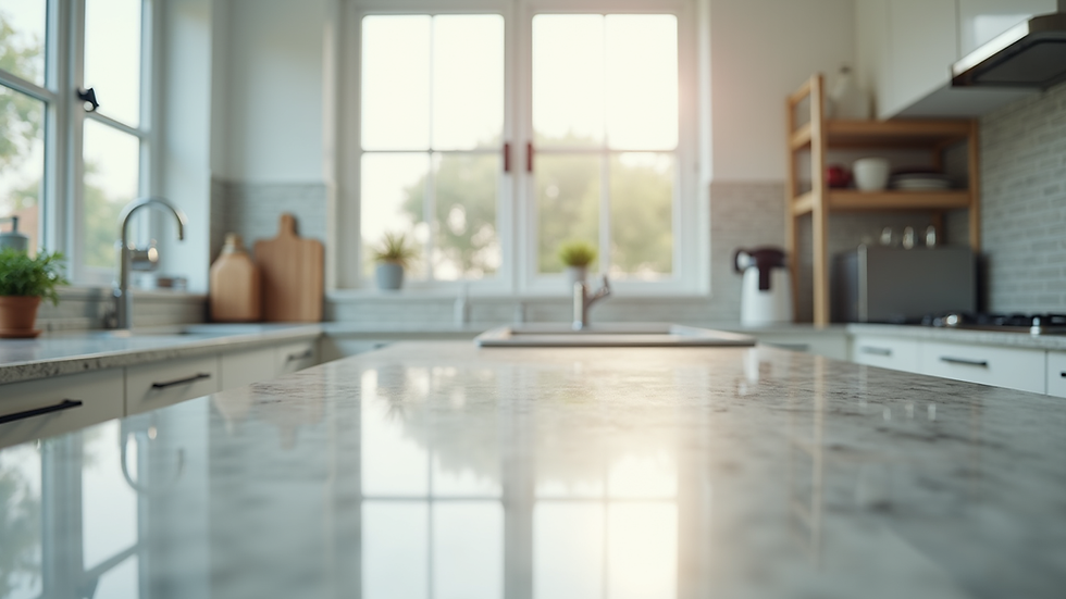 Eye-level view of a freshly cleaned modern kitchen with shining countertops