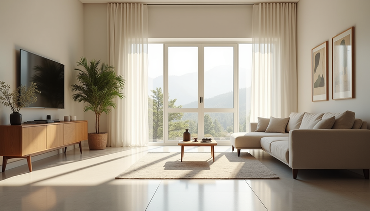 Eye-level view of a sparkling clean living room with sunlight streaming through windows