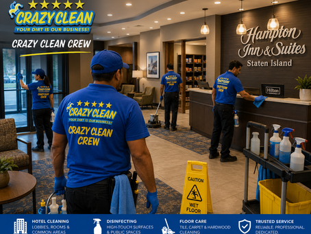 The Crazy Clean Crew diligently cleans the lobby of Hampton Inn & Suites, ensuring a spotless and welcoming environment for guests.