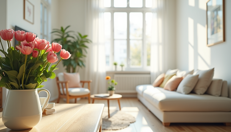 Eye-level view of a sparkling clean living room with sunlight streaming through large windows