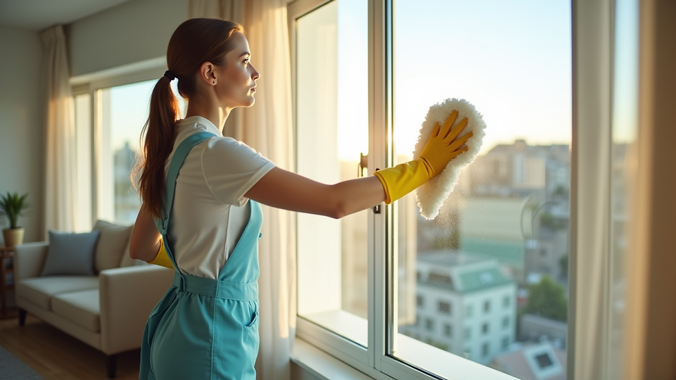 Close-up view of a professional cleaner wiping a window in a bright living room