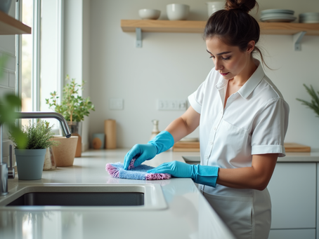 Professional cleaner performing deep kitchen cleaning