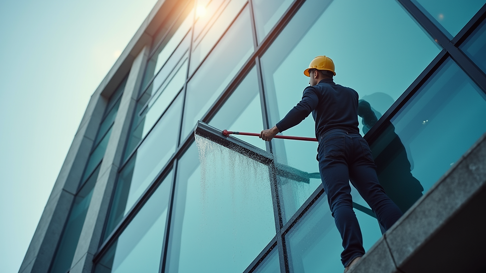 High angle view of a professional window cleaner using a squeegee on a commercial building