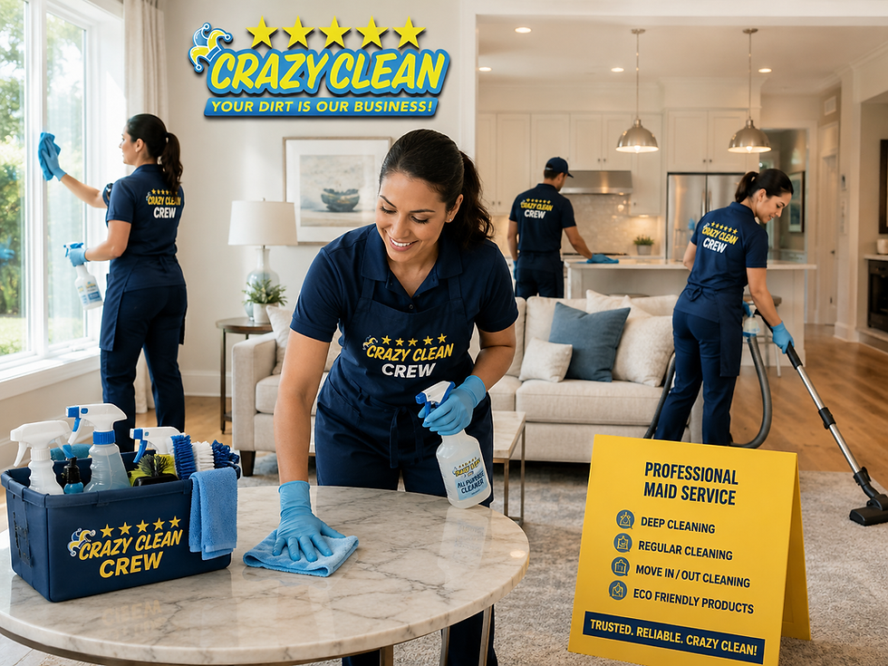 The Crazy Clean Crew in action, diligently providing professional maid services with eco-friendly products, ensuring a spotless home environment.
