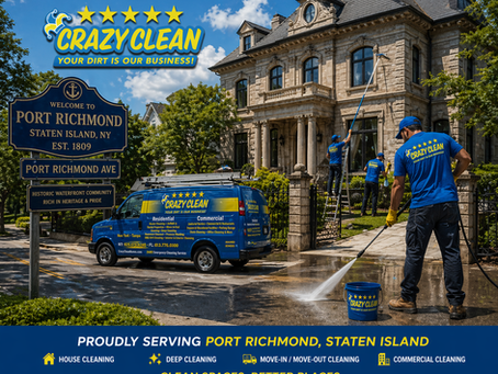 The Crazy Clean Crew diligently services a grand mansion in Port Richmond, Staten Island, embodying their motto, "Your Dirt is Our Business," while showcasing their expertise in residential and commercial cleaning.