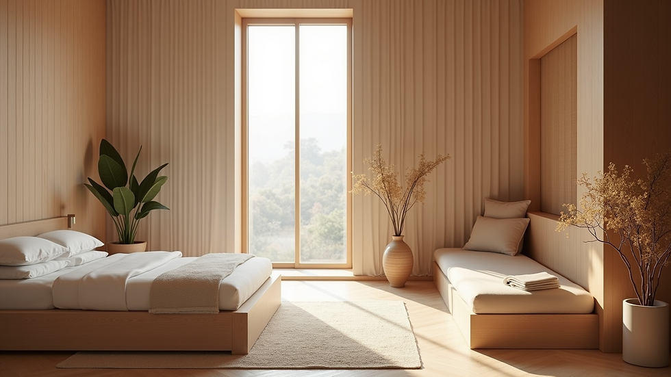 Wide angle view of a cozy wellness retreat space
