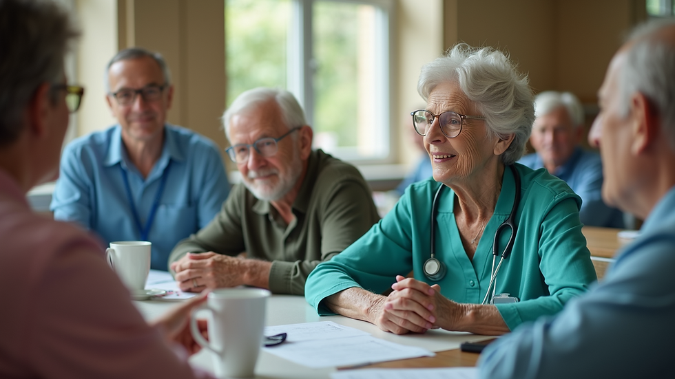 Wide angle view of a community health event focused on elderly care