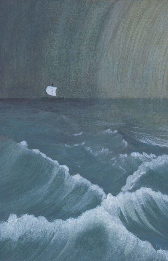 The storm in the sea. Odysseus. Odysseus' ship chased by the storm. Night. Ulysses. Homer. Odyssey illustrated by Giulia Cornaggia
