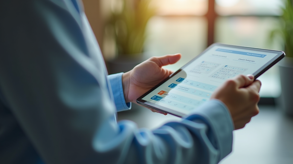Close-up view of a person using a tablet to book a health appointment online